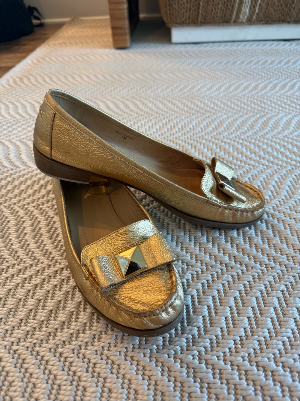 Kate Spade Metallic Gold Leather Loafers with Pyramid Hardware